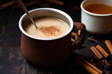 slowly stirring chai with a wooden spoon