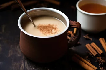 Fotobehang slowly stirring chai with a wooden spoon © altitudevisual