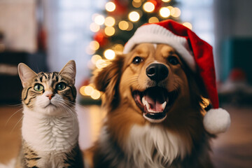 Fototapeta na wymiar Cute cat and dog in Christmas costume with Christmas tree on the background.