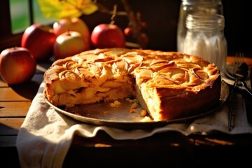 freshly baked, apple pie glowing golden in evening light - obrazy, fototapety, plakaty