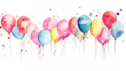 Birthday greeting card, watercolor illustration with balloons