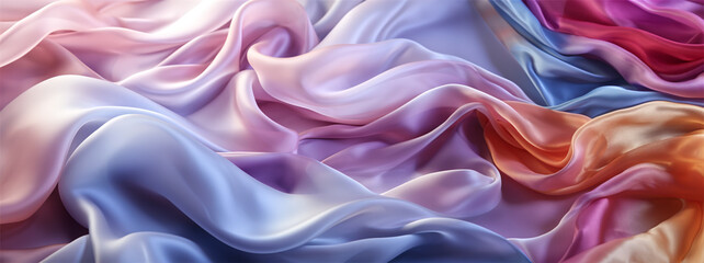 Silk background texture. Flying colorful iridescent clothes. Wavy folded bright organza, shiffon fabric. Ai generated