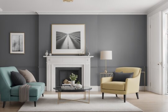 Interior mockup with picture frame on a Wall. Living room with sofa and painting on a wall
