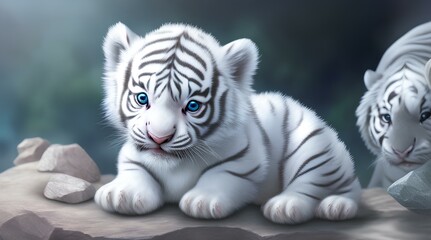 Baby of white tiger  with blue eyes generative Ai 