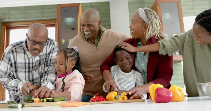 Happy african american multi generation family chopping vegetables in kitchen, slow motion