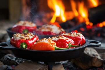 red bell peppers stuffed with rice over open fire