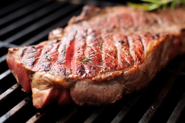 macro shot of grill marks on juicy t-bone steak