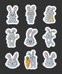 Cute cartoon rabbits. Sticker Bookmark. Funny bunny character. Vector drawing. Collection of design elements.