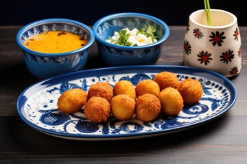 croquettes served on a blue ceramic dish