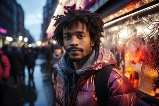 A dark-skinned man with dreadlocks stands on a street with neon signs