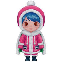 christmas chibi girl cute cartoon character isolated in santa costume watercolor style for decoration greeting & New year card.