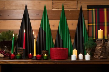 a display of kwanzaa flags on dark wood background