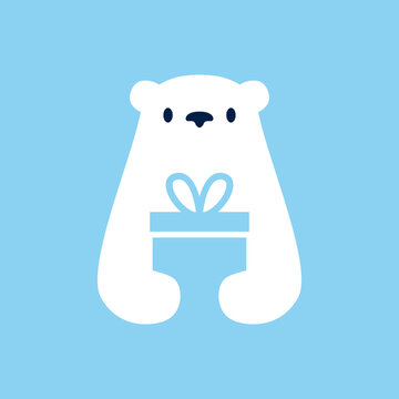 white polar bear is holding birthday gift Logo Cartoon Mascot character vector icon illustration