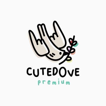 quirky cute dove cartoon outline vector logo icon illustration
