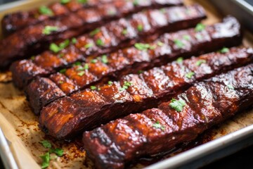 browned bbq tempeh ribs fresh from the oven