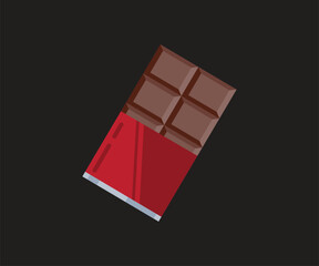 Chocolate bar in opened rad wrapped and foil isolated on black background, dessert, vector illustration in flat style
