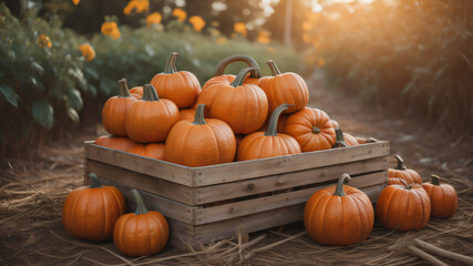The pumpkins in a wooden box on a pumpkin patch farm fall autumn season.ai generated