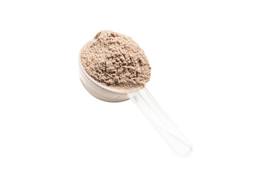 Chocolate protein powder in measuring spoon isolated on transparent background