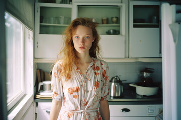The girl is standing in an old-fashioned kitchen - obrazy, fototapety, plakaty