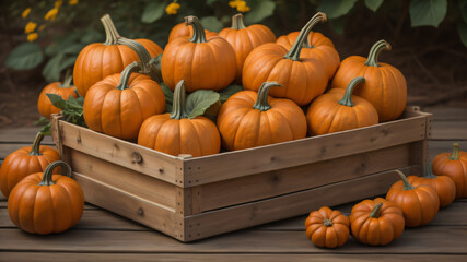 The pumpkins in a wooden box on a pumpkin patch farm fall autumn season.ai generated