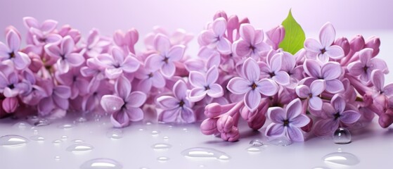 Obraz premium Banner with lilac flowers in water drops