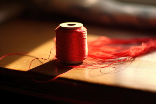 A spool of red thread stands on a wooden table