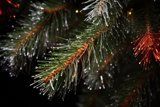 image of sparse tinsel strands on a pine christmas tree