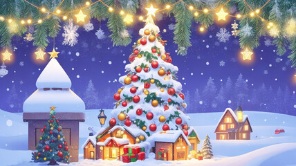 Christmas and New Year holiday background with Christmas trees, houses and lights.