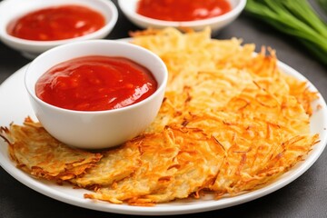 hash browns served with ketchup on the side