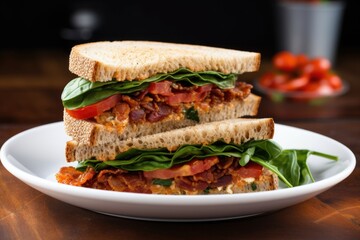 whole wheat bread with roasted tomato and bacon sandwich