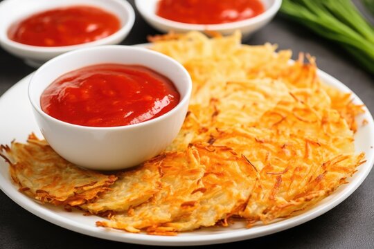 hash browns served with ketchup on the side