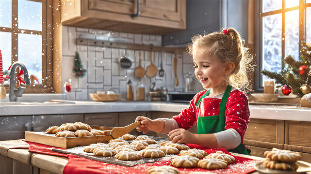 Happy funny little girl bake chismas cookie. Ai Design
