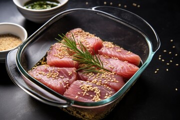 tuna steaks marinating in a glass dish, covered in sesame seeds