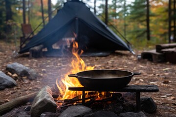 black iron skillet heating over a campfire outside a small tent