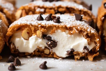 close-up shot of cannoli filling, showing ricotta texture