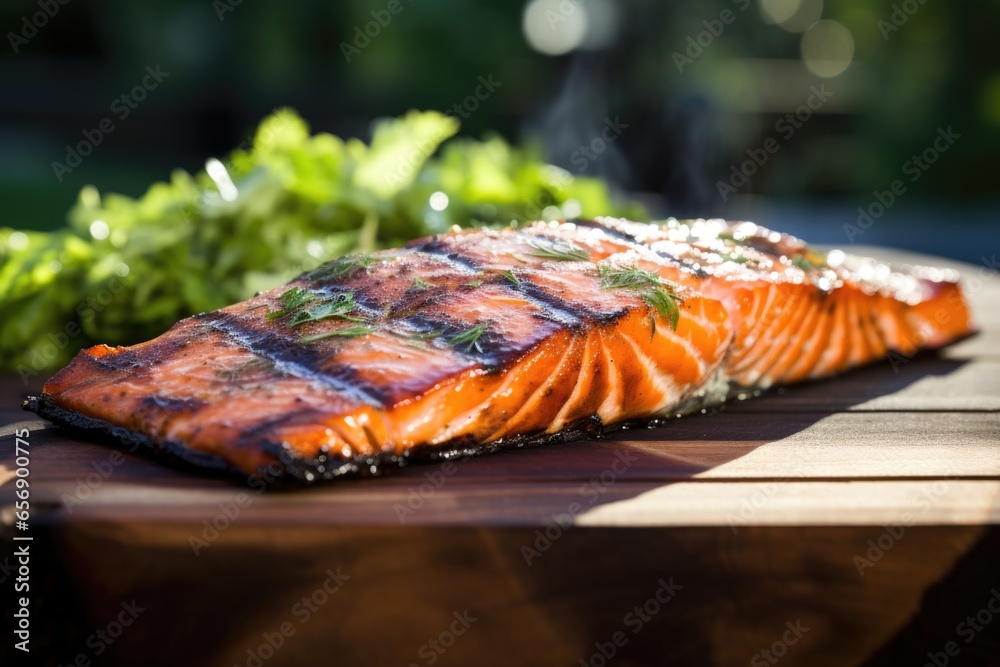 Canvas Prints freshly grilled salmon on cedar plank in natural light setting