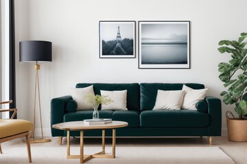 Interior mockup with picture frame on a Wall. Living room with sofa and painting on a wall