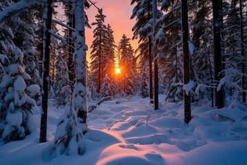 solstice sunrise breaking over a snow-covered forest - obrazy, fototapety, plakaty