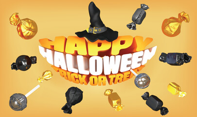Halloween vector 3d illustration. Happy Halloween trick or treat with black and gold candies