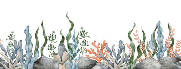 Seamless border of sea Pebbles, marine coral, seaweed algae. Hand drawn watercolor illustration. Marine, tropical collection for souvenir, posters, sticker, printing, banner. - obrazy, fototapety, plakaty