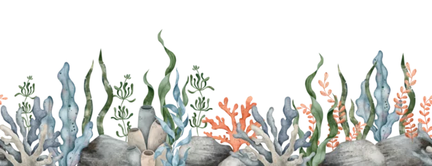 Foto op Plexiglas Seamless border of sea Pebbles, marine coral, seaweed algae. Hand drawn watercolor illustration. Marine, tropical collection for souvenir, posters, sticker, printing, banner. © Daryartsy