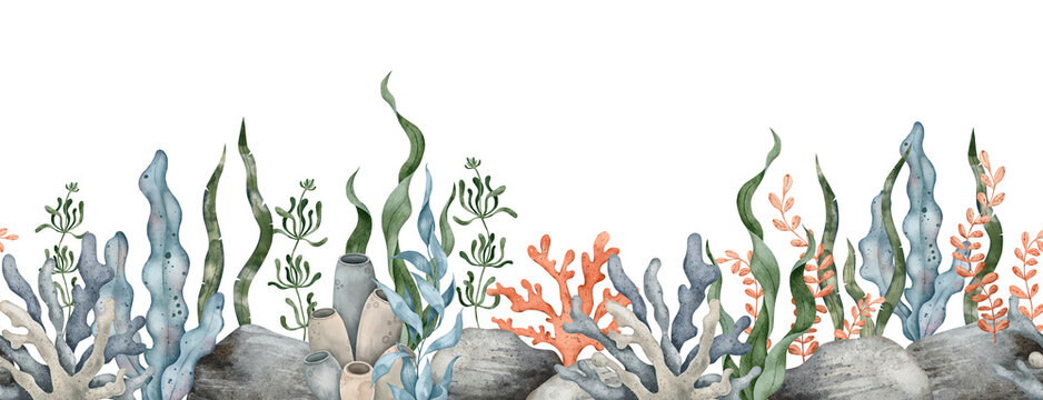 Seamless border of sea Pebbles, marine coral, seaweed algae. Hand drawn watercolor illustration. Marine, tropical collection for souvenir, posters, sticker, printing, banner.