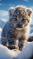 Obraz premium snow leopard cub crawling across the snow (generative AI)