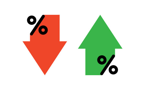 Percentage arrow up and down icon. Percent flat icon. Price increase, decrease. Business simple symbol. Vector illustration isolated on white background.