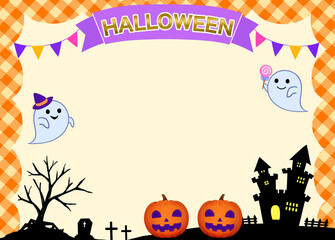 ハロウィンのフレーム背景　カボチャ　お化け　城　ガーランド