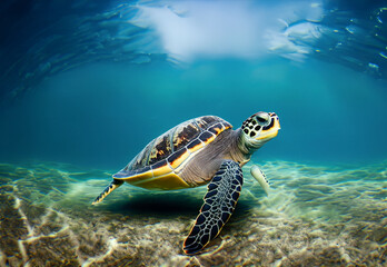 Turtle swimming in sea. Turtle under water.