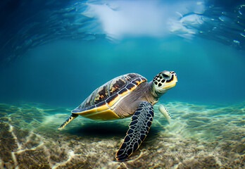 Obraz premium Turtle swimming in sea. Turtle under water.