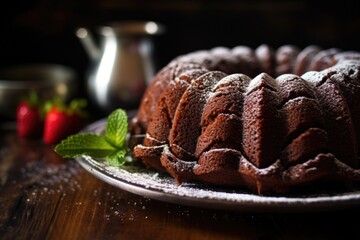 chocolate bundt cake dusted lightly with powdered sugar