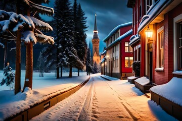 Weihnachten, verschneites Dorf im Abendlicht - obrazy, fototapety, plakaty