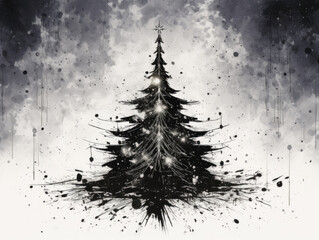 Christmas tree ink illustration, black and white impressionist decorated Christmas tree drawing